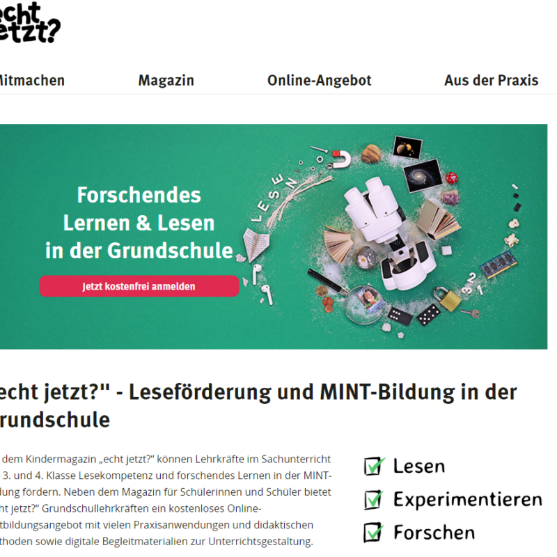 Kostenfreies Material für die Grundschule: Jetzt anmelden für<br>MINT- und Leseförderangebot „echt jetzt?“